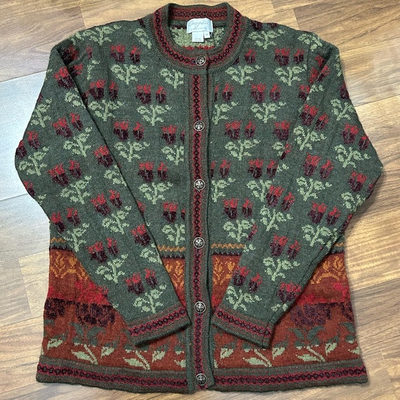 Vintage Cherry Lewis Women's M Wool Blend Floral Nordic Patter Cardigan Sweater - Picture 12 of 13